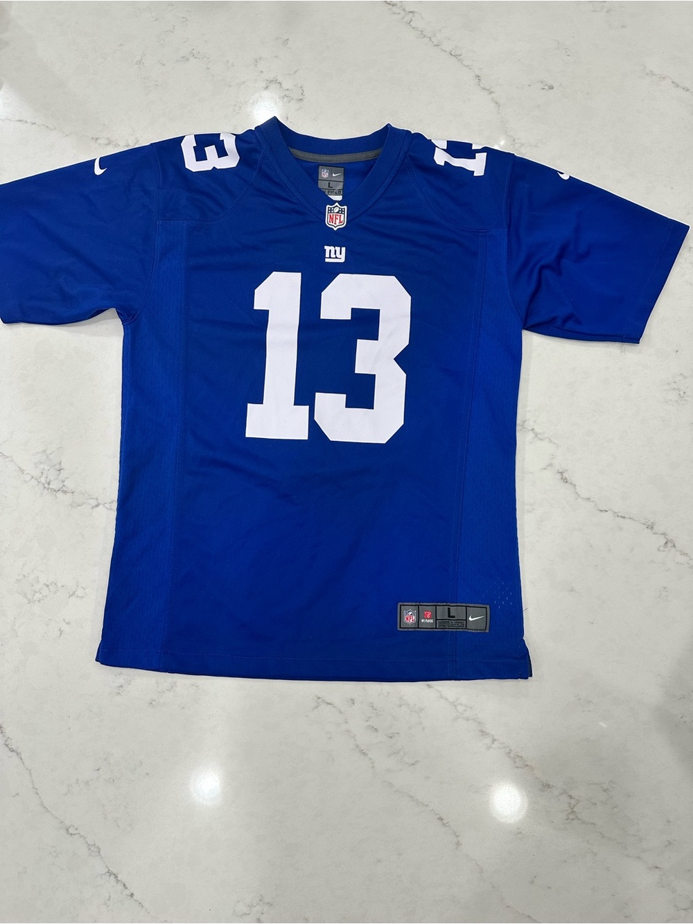 Odell Beckham JR, NY Giants. Nke Kids Blue Football Jersey with White Number 13